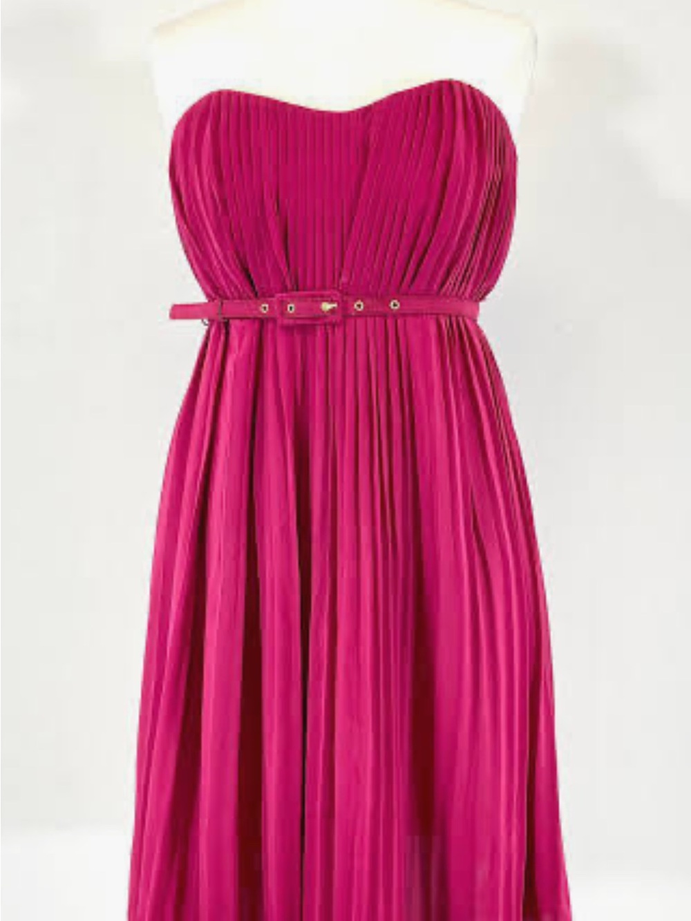 French Connection Strapless Pleated Fuchsia Midi Dress with Slim Belt